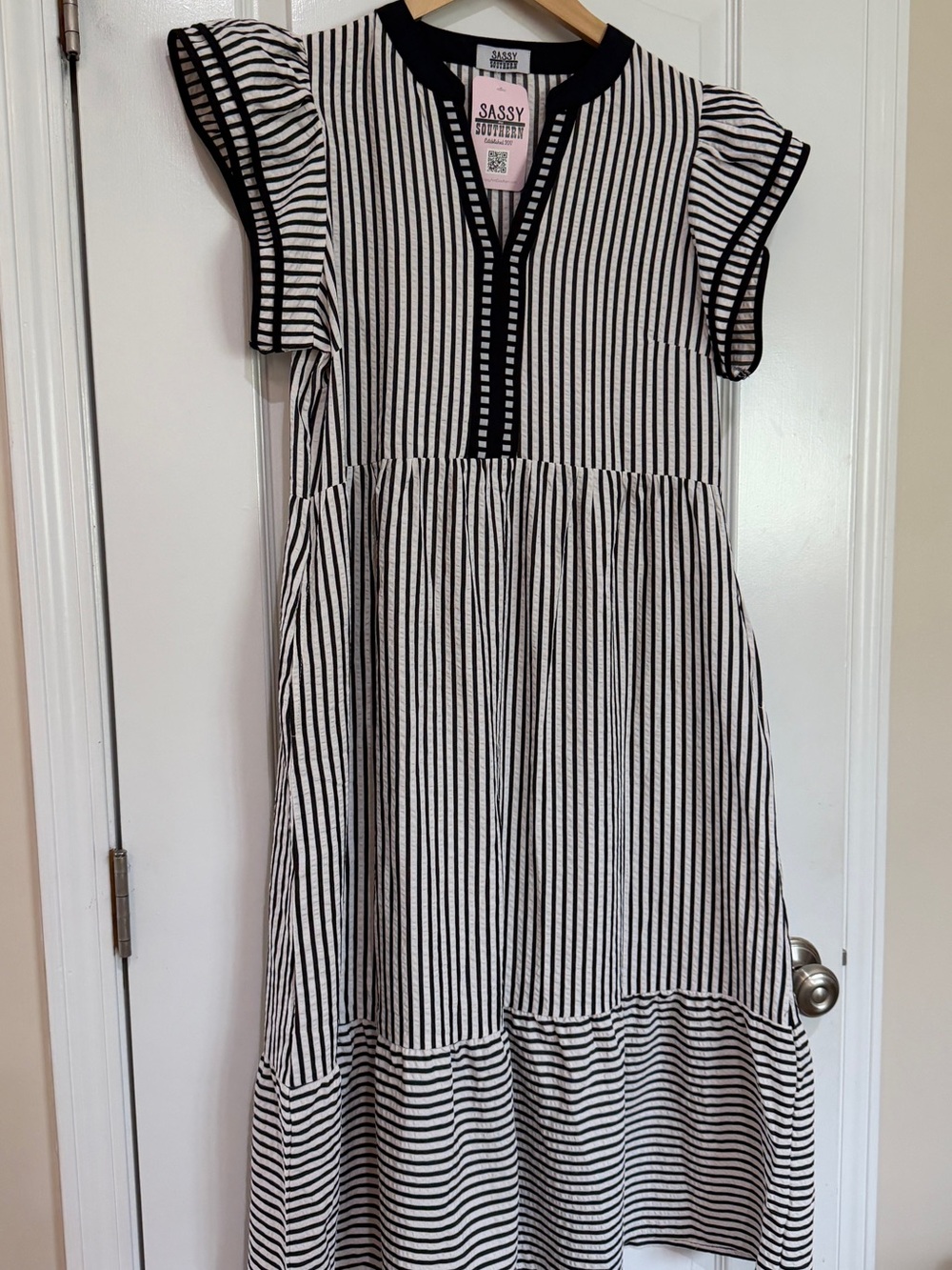 Sassy Southern Black & White Striped Flutter Sleeve Dress